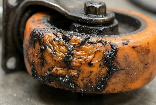 Macro close-up of a melted and flat-spotted polyurethane caster wheel with factory sludge