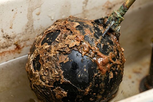Macro close-up of a plastic toilet tank float ball encrusted with brown iron scale