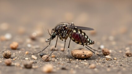 Fototapeta premium Close-up macro photograph of a mosquito resting on the ground with visible soil grains and a blurred background, highlighting its detailed anatomy