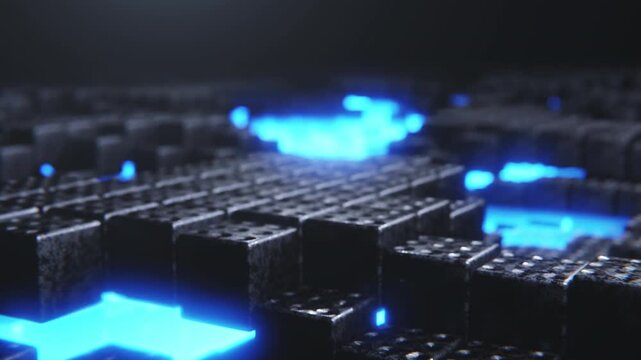 Abstract Dice Cube box data network idea concept technology with blue neon lighting. 3D animation. 4K.