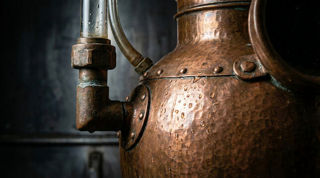 Close-up view of a vintage copper distillery still with condensation droplets, showcasing traditional alcohol production.