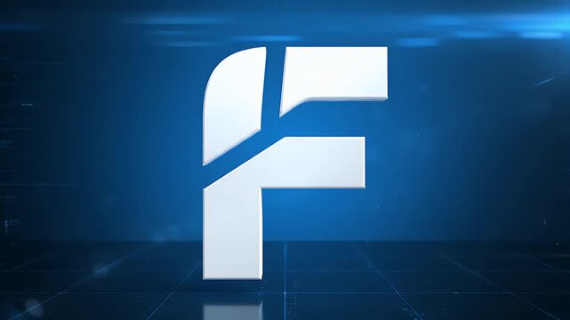 Descriptive depiction of a futuristic white letter F logo floating against a deep blue gradient background with a gridlike floor