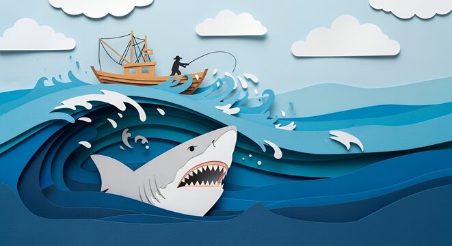 Shark Attack Ocean Scene Cartoon Illustration.