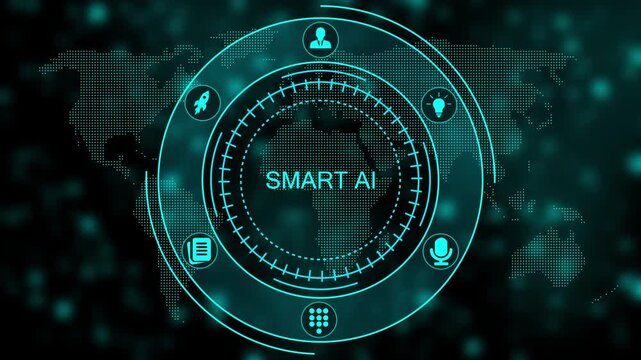 Smart AI Technology Interface with Futuristic and Map Background smart ai artificial intelligence