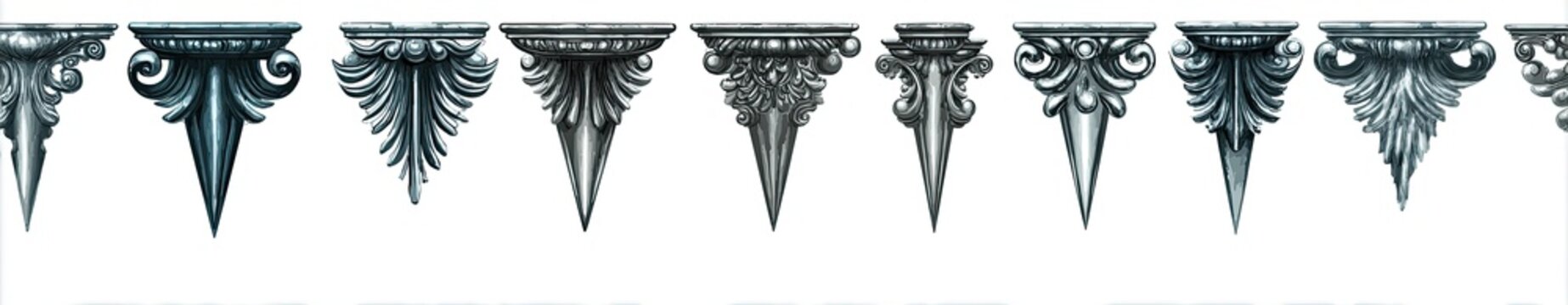 A row of stylized, architectural corbel designs in shades of grey and blue on white