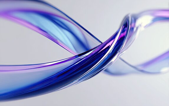 Twisted, ribbon-like structure with translucent blue and purple color gradients against a gray backdrop