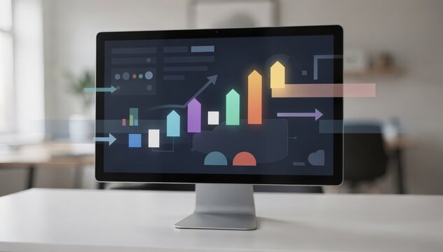 Focused medium shot of a portfolio dashboard on a monitor showing laggard stocks being purchased while winners are sold with a muted outoffocus workspace behind.