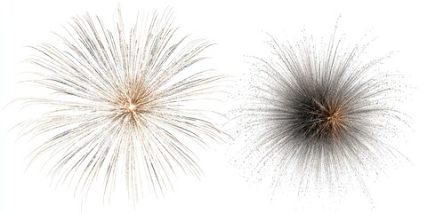Obraz premium Two firework displays on white, one tan and silver, the other black and gold