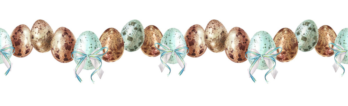 Watercolor Easter seamless border with starling egg with ribbon bow on white background. Celebration food for spring menu. Blue rim with new life of bird jay. Cookbook and wallpaper or wrapping