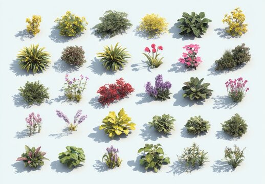 An overhead view showcases a grid of diverse, small, vibrant, and realistic plant renderings