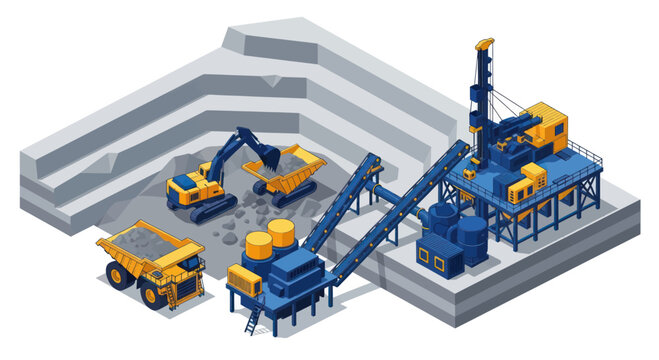 Isometric view of a large open pit mining operation with heavy machinery.