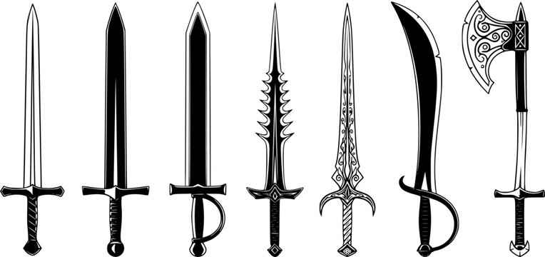 Medieval Sword and Fantasy Blade Silhouette Vector Icon Set

