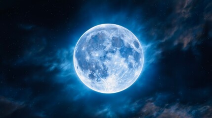 Fototapeta premium Glowing blue full moon surrounded by clouds in starry night sky