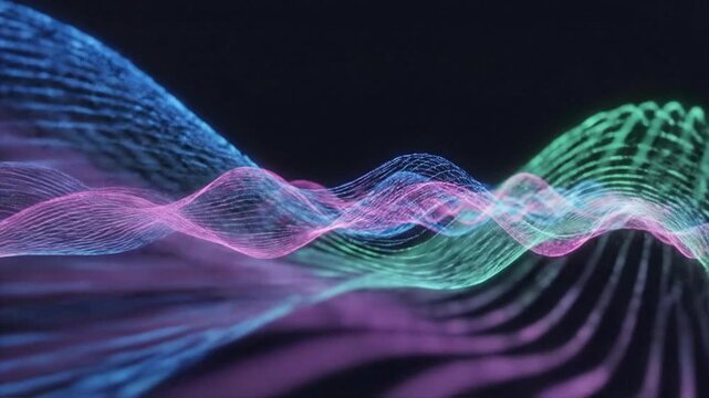 Abstract neon light waves flowing in a dark background with vibrant pink, blue, and green tones