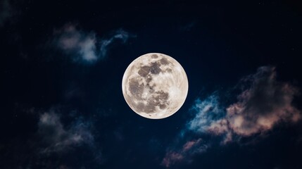 Fototapeta premium Full moon glowing among colorful clouds in dark night sky