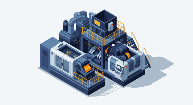 Modern Industrial Manufacturing Machinery Set Isometric View.