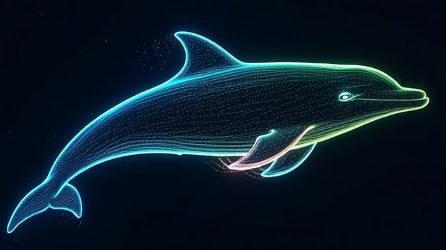 Vibrant neon lines form a dolphin swimming through digital space with glowing trails.