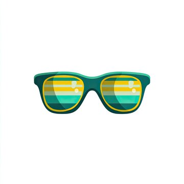 Flat vector illustration of sunglasses with green frames and striped lenses reflecting light