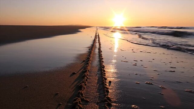 Sunset reflecting on wet beach sand with vehicle tracks