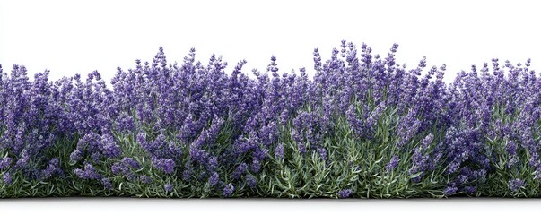 Obraz premium A dense row of purple flowering plants with green foliage against a white background