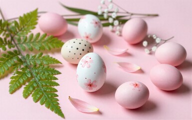 Fototapeta premium Pink eggs flowers and ferns create a soft spring-themed still life
