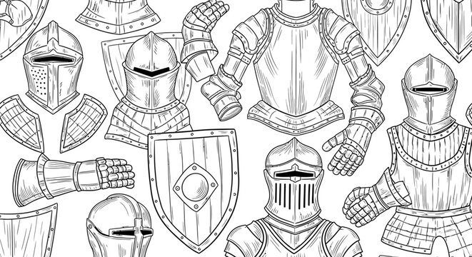 Medieval knight armor seamless pattern with helmets, breastplates, shields, and gauntlets in intricate line art style. Historical battle gear.