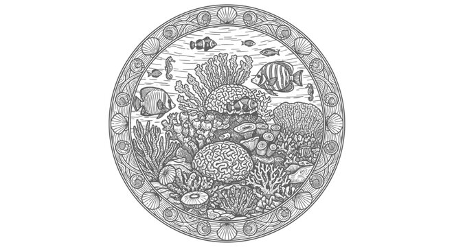 Detailed black and white illustration of a vibrant coral reef ecosystem with diverse marine life including tropical fish and seahorse in circular frame