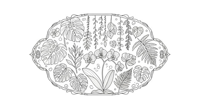Exotic Tropical Botanical Line Art Illustration with Orchids, Monstera Leaves & Jungle Foliage in a Decorative Frame, Black & White