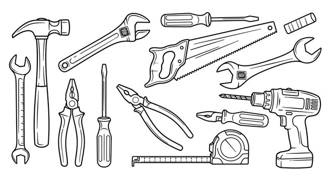 Essential hand tools and power tools line art illustration. Collection of hardware equipment for construction, repair, and DIY projects.