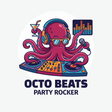 An entertaining illustration of an octopus DJ rocking a party with sunglasses and a microphone, capturing the essence of fun and nightlife.