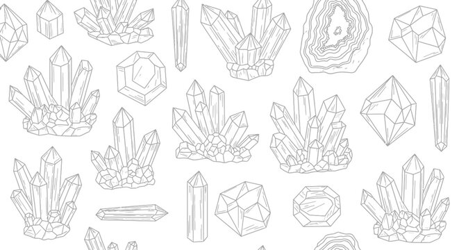 Esoteric crystals and gemstones outline seamless pattern. Hand-drawn mystic minerals, quartz clusters, and geode vector illustration.