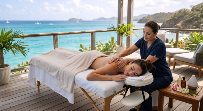Woman receiving a relaxing back massage on an outdoor deck overlooking the ocean. Female therapist giving a spa treatment at a luxury tropical resort