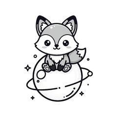 Fototapeta premium A cute cartoon fox sitting on a planet with stars. Perfect for children's books, educational materials, and illustrations.