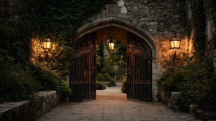Fototapeta premium Enchanting Gothic Archway Entrance to a Mystical Garden at Dusk.
