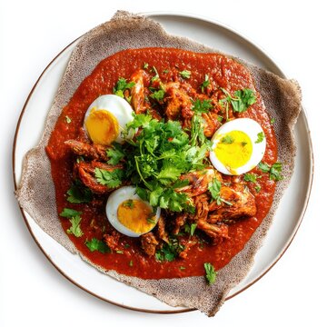 Doro Wat Ethiopia food plate isolated on a white background