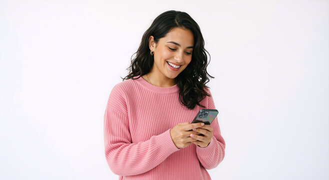 Happy young woman smiling at smartphone screen. Female in pink sweater using mobile phone against white background. Digital communication and joy concept