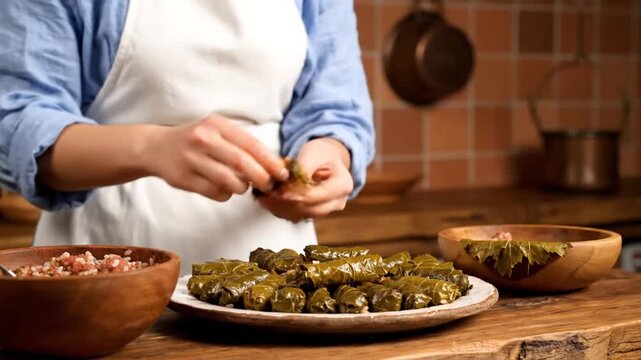 A person prepares filled grape leaves in a kitchen with wooden bowls, plates, and a cutting board