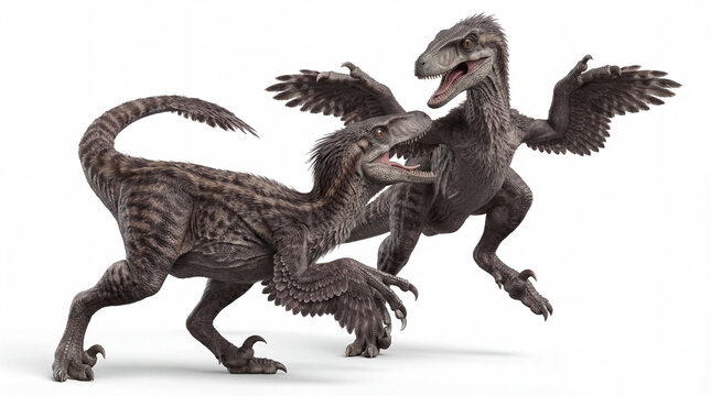Velociraptor mongoliensis fighting isolated on white background, prehistoric dinosaurs in aggressive interaction, two adult Velociraptors in dynamic naturalistic pose