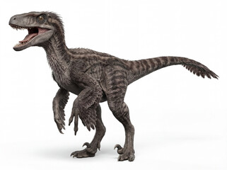 Fototapeta premium Velociraptor mongoliensis roaring isolated on white background, prehistoric predator dinosaur, adult Velociraptor in dynamic aggressive pose, detailed naturalistic view