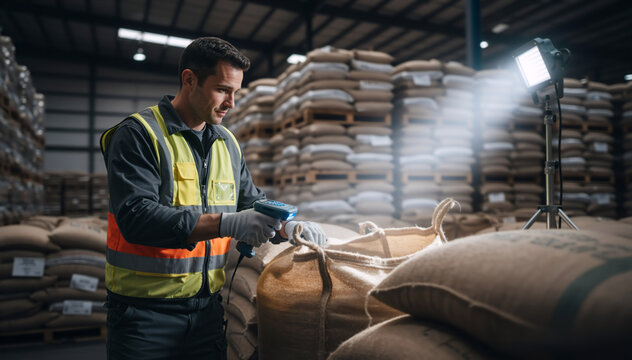 Warehouse worker scanning a burlap sack for inventory management. Logistics professional using a handheld device in a large storage facility. Supply chain and quality control