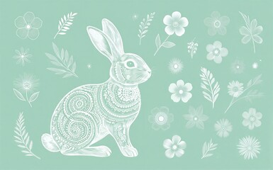 Obraz premium A decorative rabbit with floral patterns sits amidst delicate white