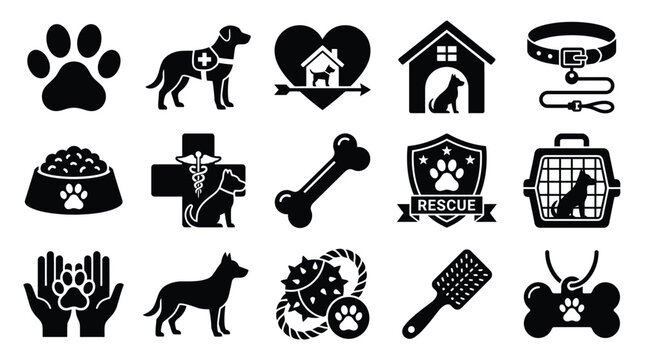 Collection of black and white icons representing various aspects of pet care, animal rescue, and veterinary services.