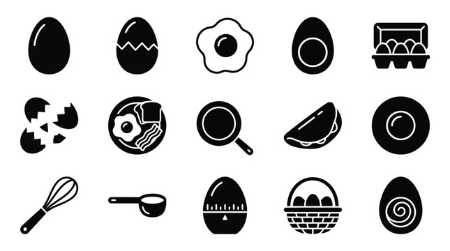 Collection of black and white icons representing various egg dishes, cooking tools, and egg-related items.