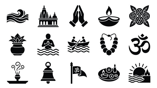 Collection of Hindu religious symbols and icons representing various aspects of worship and spirituality.