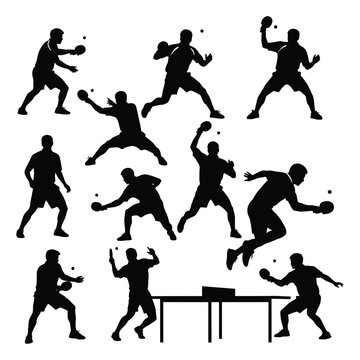 Table Tennis Player Silhouettes Set Ping Pong Sport Action Isolated Vector
