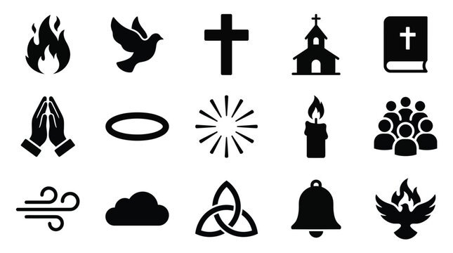 A collection of black Christian religious symbols and icons arranged in a grid on a white background.