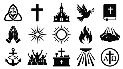 A collection of Christian religious symbols and icons, including crosses, a church, a dove, and a bible, representing faith and worship. © GJ