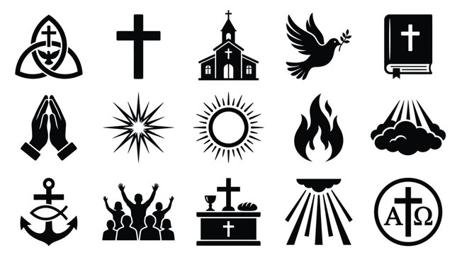 A collection of Christian religious symbols and icons, including crosses, a church, a dove, and a bible, representing faith and worship.