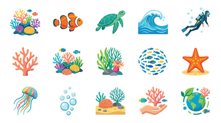 A vibrant collection of marine life and underwater scenes, featuring coral reefs, diverse sea creatures, and oceanographic elements. © GJ