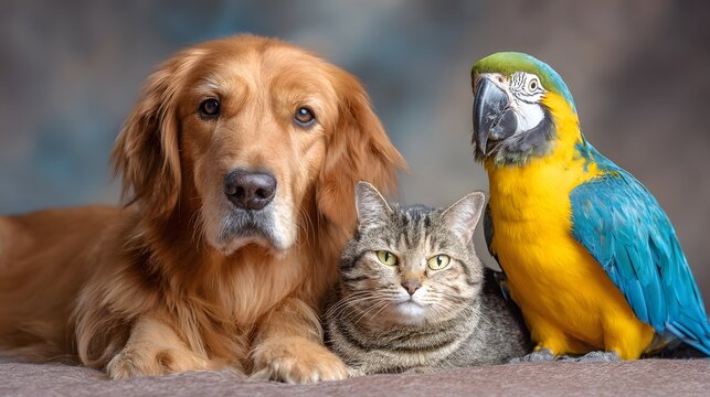 Golden Retriever Cat and Macaw Parrot Together.
